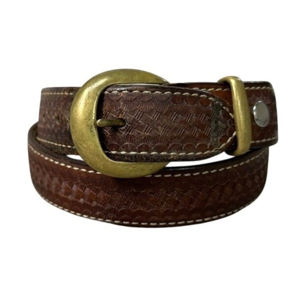 Aker Leather Basketweave Belt Brown Brass Buckle B21-38 Mens Size 38 San Diego